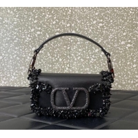 Most Popular Valentino Loco Small Shoulder Bag with Embroidered Trim 6036 Black 2024
