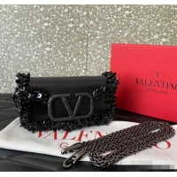 Most Popular Valentino Loco Small Shoulder Bag with Embroidered Trim 6036 Black 2024