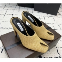 Best Product Alaia Spike Heel Mules 10cm in Raffia Straw with Open Toe Khaki AL053102 1008028