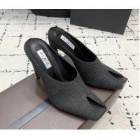 Pretty Style Alaia Spike Heel Mules 10cm in Raffia Straw with Open Toe Black AL053102 1008029