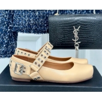 Low Price Alaia Ballet Flats with Eyelet Studs and Buckle in Calfskin Beige AL100807 1008034