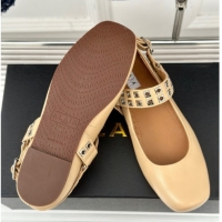 Low Price Alaia Ballet Flats with Eyelet Studs and Buckle in Calfskin Beige AL100807 1008034