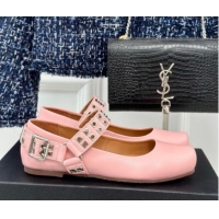 Top Grade Alaia Ballet Flats with Eyelet Studs and Buckle in Calfskin Pink AL100807 1008035
