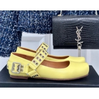Luxurious Alaia Ballet Flats with Eyelet Studs and Buckle in Calfskin Yellow AL100807 1008036