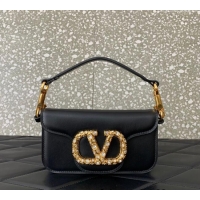 Famous Brand Valentino Loco Small Shoulder Bag in Calfskin Leather with Jewel Logo 5061 Black 2025