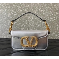 Low Cost Valentino Loco Small Shoulder Bag in Laminated Calfskin with Jewel Logo 5061 Silver 2025