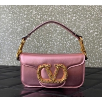 Famous Brand Valentino Loco Small Shoulder Bag in Laminated Calfskin with Jewel Logo 5061 Pink 2025