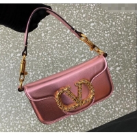 Famous Brand Valentino Loco Small Shoulder Bag in Laminated Calfskin with Jewel Logo 5061 Pink 2025