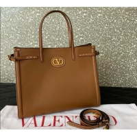 Pretty Style Valentino Antibes Medium Shopping Bag in Calfskin with Slide Buckles 6220L Brown 2025