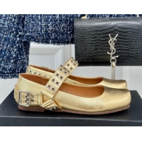 Shop Duplicate Alaia Ballet Flats with Eyelet Studs and Buckle in Calfskin Gold AL100807 1008039