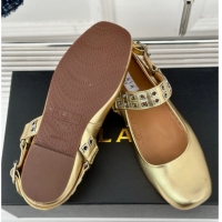 Shop Duplicate Alaia Ballet Flats with Eyelet Studs and Buckle in Calfskin Gold AL100807 1008039
