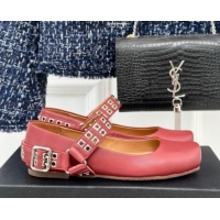 Good Quality Alaia Ballet Flats with Eyelet Studs and Buckle in Calfskin Burgundy AL100807 1008040