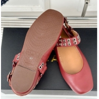 Good Quality Alaia Ballet Flats with Eyelet Studs and Buckle in Calfskin Burgundy AL100807 1008040
