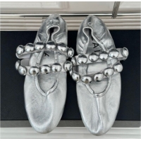 Grade Quality Alaia Sphere Ballet Flats in Metallic Calfskin with Double Strap Silver 1008041