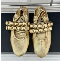 Best Grade Alaia Sphere Ballet Flats in Metallic Calfskin with Double Strap Gold AL100808 1008042