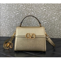 Best Quality Valentino VSLING Small Top Handle Bag in Laminated Grainy Calfskin with Jeweled VLogo 7010 Gold 2025