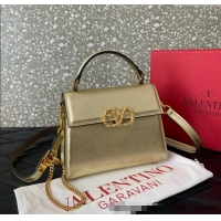 Best Quality Valentino VSLING Small Top Handle Bag in Laminated Grainy Calfskin with Jeweled VLogo 7010 Gold 2025