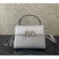 Top Quality Valentino VSLING Small Top Handle Bag in Laminated Grainy Calfskin with Jeweled VLogo 7010 Silver 2025
