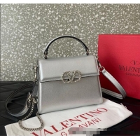 Top Quality Valentino VSLING Small Top Handle Bag in Laminated Grainy Calfskin with Jeweled VLogo 7010 Silver 2025