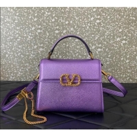 Good Product Valentino VSLING Small Top Handle Bag in Laminated Grainy Calfskin with Jeweled VLogo 7010 Purple 2025