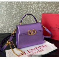 Good Product Valentino VSLING Small Top Handle Bag in Laminated Grainy Calfskin with Jeweled VLogo 7010 Purple 2025