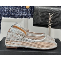 Top Grade Alaia Ballet Flats in Fishnet and Ankle Strap Silver-Tone 1112005