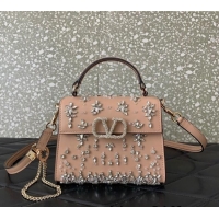 Top Quality Valentino VSLING Mini Embroidered Bag with set-in strass appliques 0063 Light Pink 2025