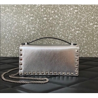 Shop Discount Valentino Rockstud Wallet with Chain in Grainy Calfskin VLTN098 Silver 2025