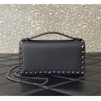 Shop Discount Valentino Rockstud Wallet with Chain in Grainy Calfskin VLTN098 Black/Gunmetal 2025