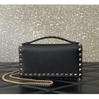 Cheapest Valentino Rockstud Wallet with Chain in Grainy Calfskin VLTN098 Black/Gold 2025