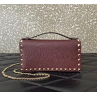 Luxury Discount Valentino Rockstud Wallet with Chain in Grainy Calfskin VLTN098 Dark Burgundy 2025