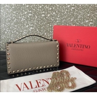 Famous Brand Valentino Rockstud Wallet with Chain in Grainy Calfskin VLTN098 Grey 2025