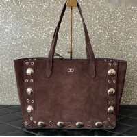 Famous Brand Valentino Medium Nellcote Shopping Bag in Suede with Ball Studs 0076 Dark Brown 2025