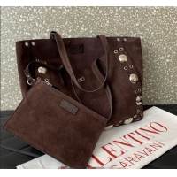 Famous Brand Valentino Medium Nellcote Shopping Bag in Suede with Ball Studs 0076 Dark Brown 2025