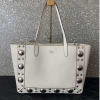 Well Crafted Valentino Medium Nellcote Shopping Bag in Grainy Calfskin with Ball Studs 0076 White 2025