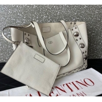 Well Crafted Valentino Medium Nellcote Shopping Bag in Grainy Calfskin with Ball Studs 0076 White 2025