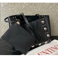 Luxury Discount Valentino Medium Nellcote Shopping Bag in Grainy Calfskin with Ball Studs 0076 Black 2025