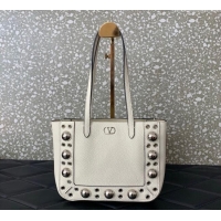 Top Quality Valentino Mini Nellcôte Shopping Bag in Grainy Calfskin with Ball Studs 0078 White 2025
