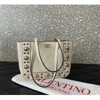 Top Quality Valentino Mini Nellcôte Shopping Bag in Grainy Calfskin with Ball Studs 0078 White 2025