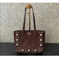 Well Crafted Valentino Mini Nellcote Shopping Bag in Suede with Ball Studs 0078 Brown 2025