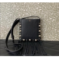 New Style Valentino Nellcote Small Shoulder Bag in Grainy Calfskin with Fringes Tassel and Ball Studs 2034 Black 2025