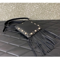 New Style Valentino Nellcote Small Shoulder Bag in Grainy Calfskin with Fringes Tassel and Ball Studs 2034 Black 2025