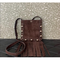 Top Grade Valentino Nellcote Small Shoulder Bag in Suede with Fringes Tassel and Ball Studs 2034 Brown 2025