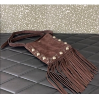 Top Grade Valentino Nellcote Small Shoulder Bag in Suede with Fringes Tassel and Ball Studs 2034 Brown 2025