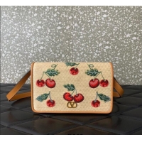 Affordable Price Valentino Vlogo Signature mini shoulder bag in jacquard raffia starw with Cherryfic motif 2089 Beige 20