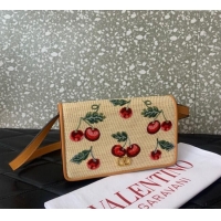 Affordable Price Valentino Vlogo Signature mini shoulder bag in jacquard raffia starw with Cherryfic motif 2089 Beige 20
