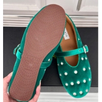 Classic Hot Alaia Ballet Flats in Puffer Velvet with Strass Green 1112016