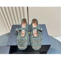 Shop Duplicate Alaia Ballet Flat in Openwork Suede Dark Green 1223001