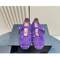 Popular Style Alaia Ballet Flat in Openwork Suede Dark Purple 1223003