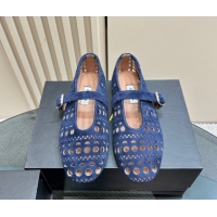 Popular Style Alaia Ballet Flat in Openwork Suede Dark Blue 1223004